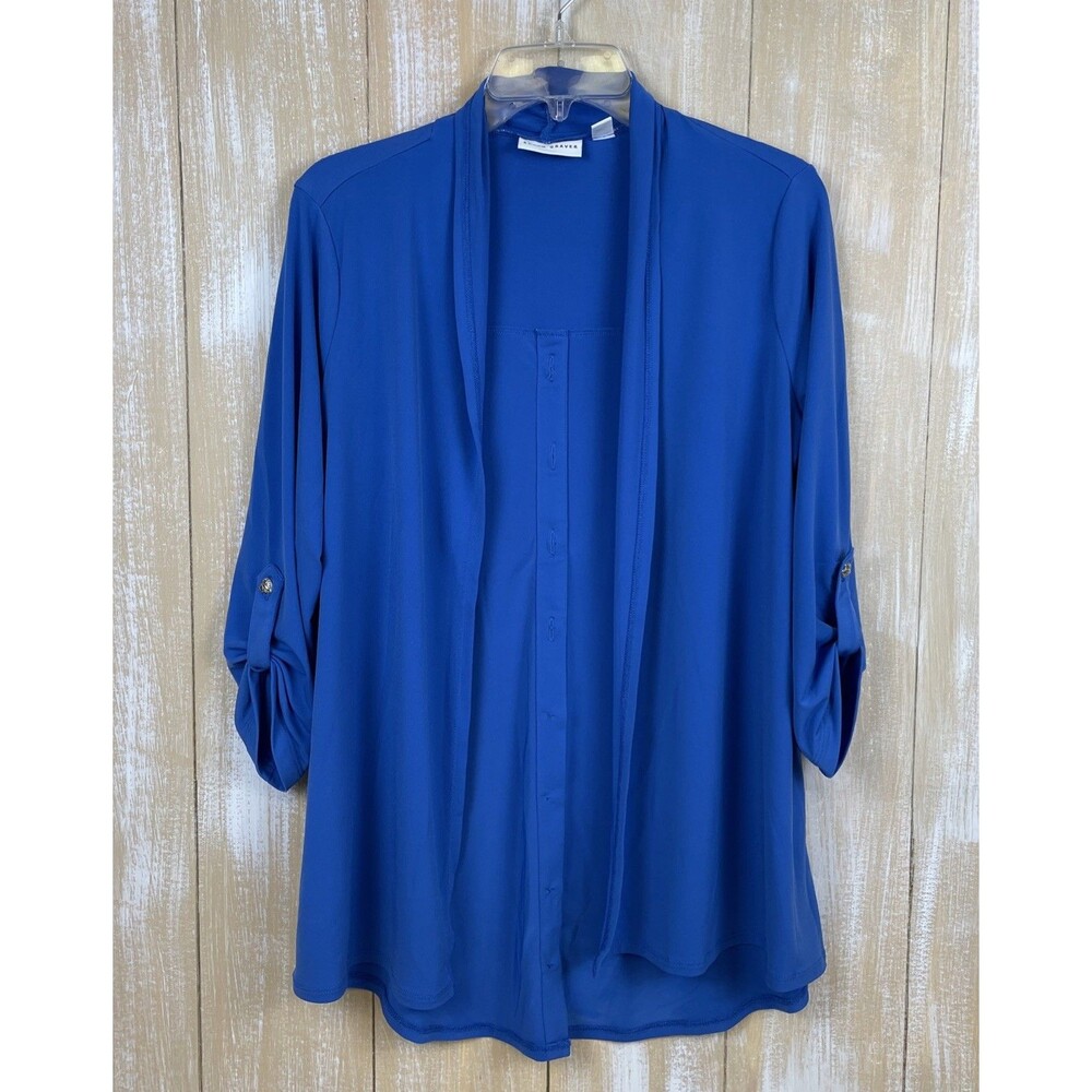 Susan Graver Open Front Cardigan Size S Blue Liquid Knit Roll Tab Sleeve Button
